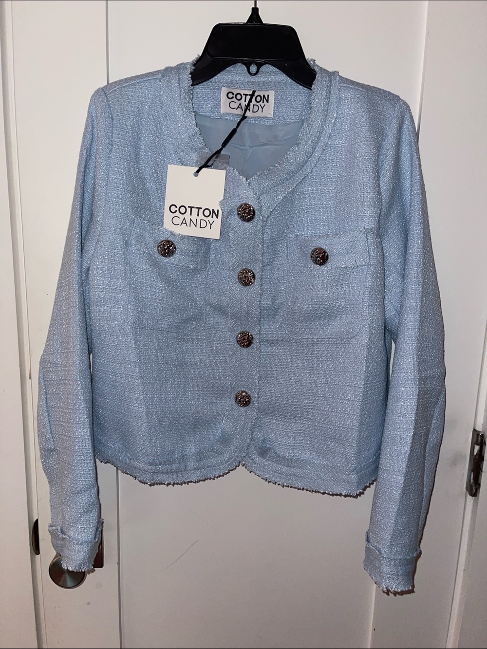 Cotton Candy Pale Blue Tweed Cropped Blazer